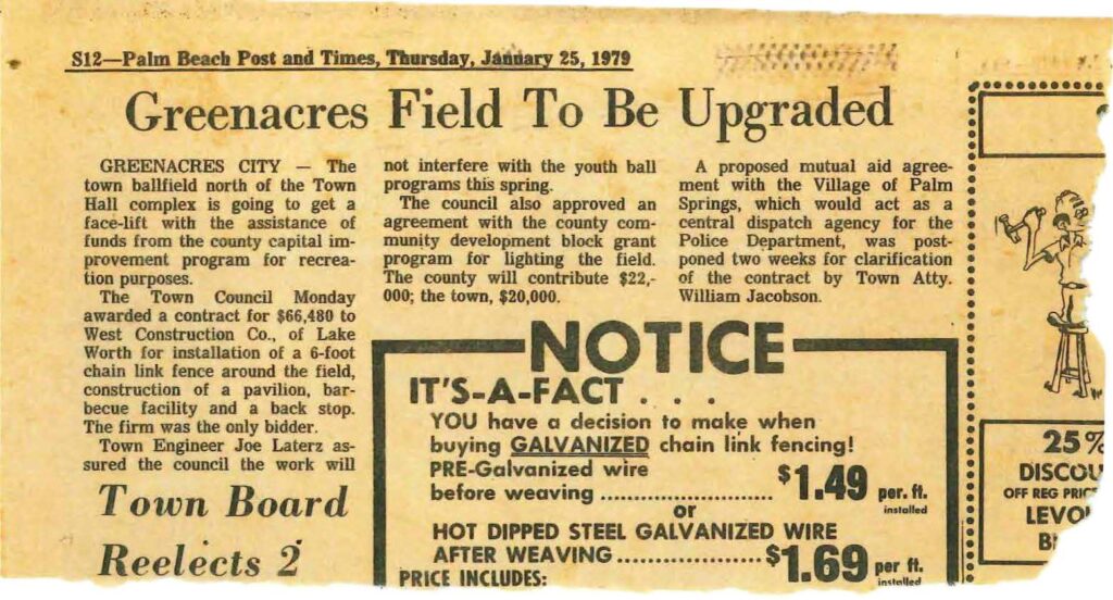 1979 - Selected by the City of Greenacres to deliver ballfield upgrades, an early municipal project supporting community recreation and youth sports.